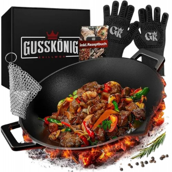 Чугунная сковорода WOK Gusskönig 36 см + термо рукавицы + кулинарная книга и щетка очиститель 170189